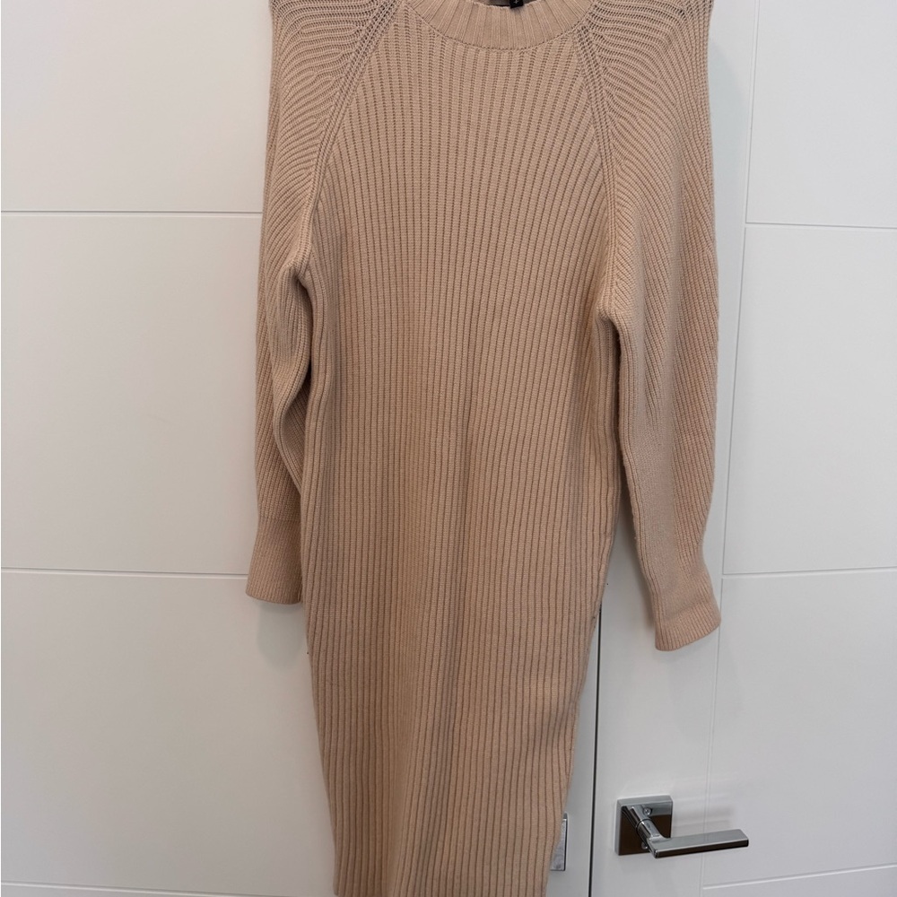 Express Beige Ribbed Knit Long Sleeve Dress